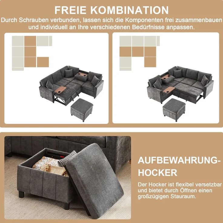 Merax Chenille-Ecksofa, 205cm L-förmiges Sofa mit Schlaffunktion, Ausziehsofa mit Hocker, Leselampe, USB&Type-C, Ausgestattet mit verstecktem Tisch, Ausklappbarer Couchtisch mit zwei Getränkehaltern, Grau – Bild 10