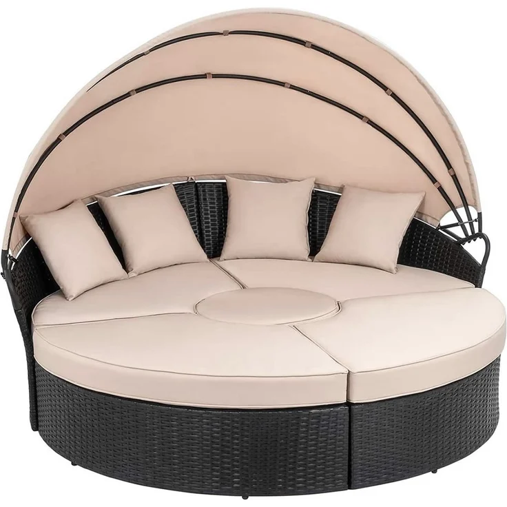 Polyrattan Sonneninsel 180cm Gartenmuschel Sonnenliege Loungebett schwarz/creme – Bild 4