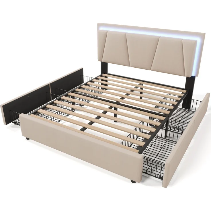 Polsterbett 140×200 cm mit höhenverstellbarem Kopfteil, LED-Beleuchtung, 4 Schubladen, Leinenstoff Beige,inklusive Matratze – Bild 9