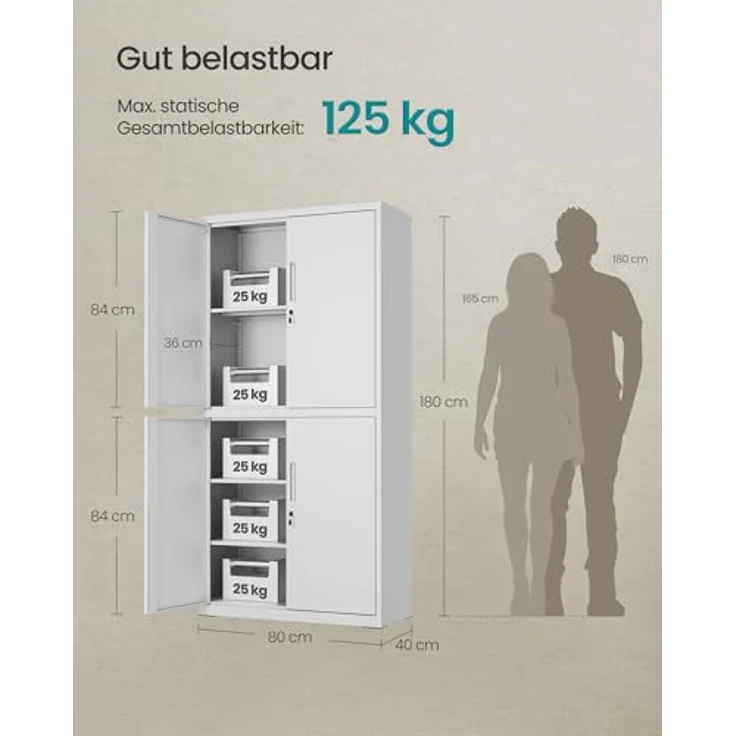 SONGMICS Aktenschrank, Mehrzweckschrank, Büroschrank, mit 4 Türen und 5 Ebenen, 40 x 80 x 180 cm, 2 Schlösser, verstellbare Ablagen, Aufbewahrungsschrank aus Stahl, mattweiß OMC016WG01 – Bild 3