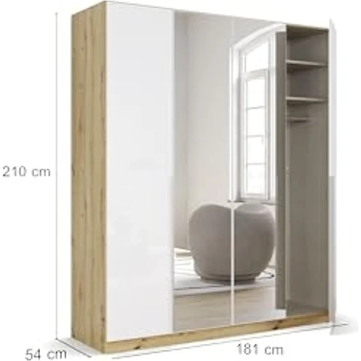 Rauch Möbel Alabama, Kleiderschrank für Schlafzimmer, Kinderzimmer, Wohnzimmer, Garderobe, Flur, 4-türig, Spiegel, mit Zubehör Classic, Farbe Weiß Hochglanz/Eiche Artisan, Holz, Breite 181 cm – Bild 3
