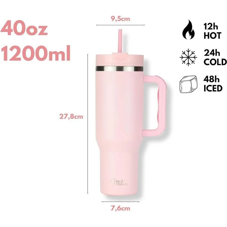 Milu Thermobecher Edelstahl Tumbler To Go 1200 ml, mit Strohhalm und Henkel – Bild 3