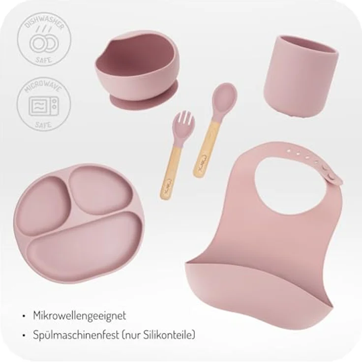 MoMi Kindergeschirr mit Essbesteck AMI, 6-teiliges Set: Lätzchen, Löffel, Gabel, Teller, Schüssel 360 ml, Becher 180 ml, aus Silikon, spülmaschinenfest und mikrowellengeeignet – Bild 6