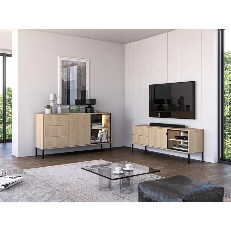 Selsey 'Barnee' - TV-Lowboard mit beleuchteter Glasvitrine, Eichenholzoptik, 160 cm – Bild 3