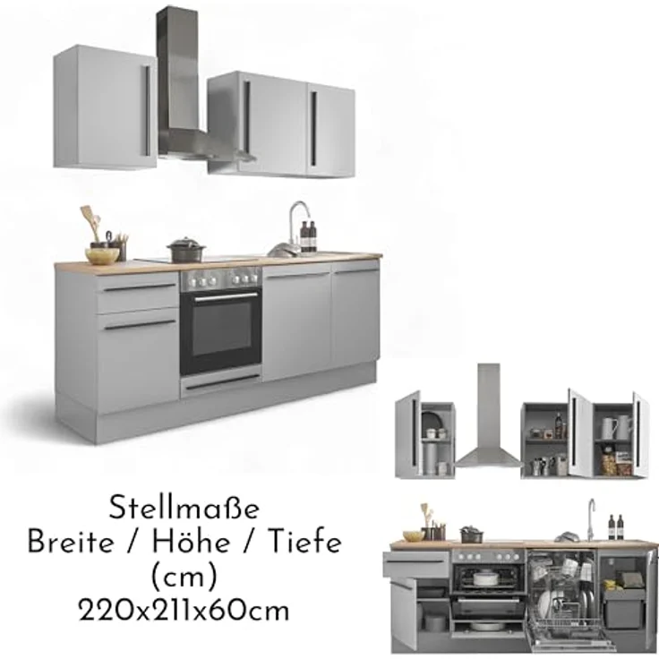 Denver Moderne Küchenzeile ohne Elektrogeräte in Grau, Lancelot Eiche Optik - Geräumige Einbauküche mit viel Stauraum - 220 x 211 x 60 cm (B/H/T) – Bild 8