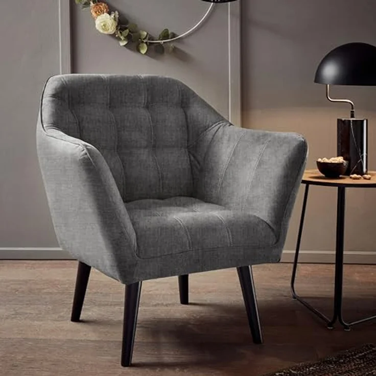 MAX Loungesessel mit Armlehnen, Grey - Bequemer Sessel gepolstert mit schwarzen Massivholz Füßen für Esszimmer & Wohnzimmer - 84 x 87 x 70 cm (B/H/T) – Bild 3