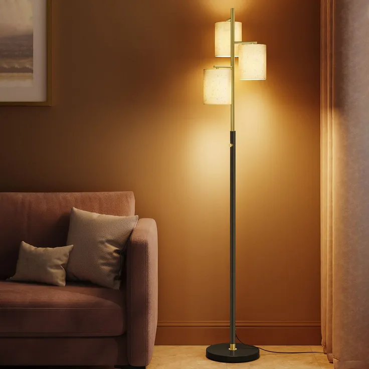 VASAGLE Stehleuchte, Standleuchte, Stehlampe mit 3 Glühbirnen, verstellbare Helligkeit, modern, Lampenschirm aus Stoff, 3 E27 Fassungen, gold-schwarz LFL003B02