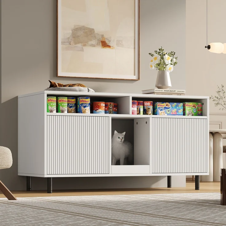 Katzentoiletten-Schrank/Katzenstreuwanne-Schrank mit Sandauffangmatte, Haustier-Schrank mit Ablage, Haustier-Sideboard/TV-Schrank, ohne Katzenstreuwanne, 120 x 50 x 66 cm, Weiß – Bild 4