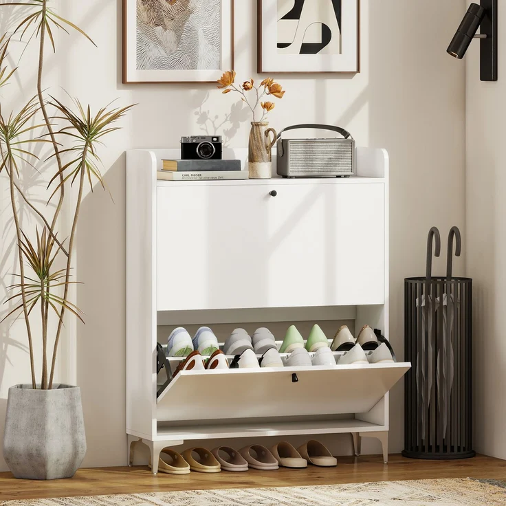 Mobiler Schuhschrank „Slim“ mit 2 Klappschubladen und verstellbaren Einlegeböden, aus Holz und Metall, 80 x 24 x 101 cm, Weiß – Bild 3