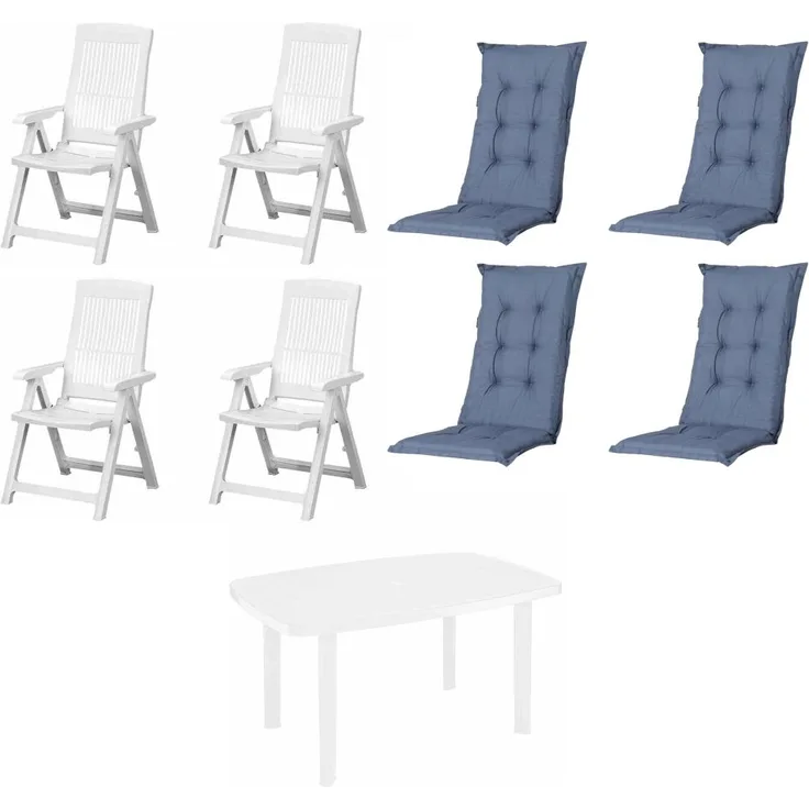 SET Tampa + Faro 4 x Klappsessel weiß, 1 x Tisch weiß, 4 x Auflage kobalt