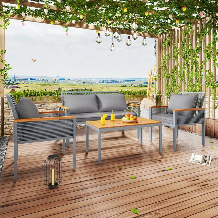 Merax Gartenlounge-Set für 4 Personen, Gartenmöbel Set mit bequemem Kissen, Doppelsofa, 2 Sessel und Tisch, Outdoor, Rattan, Tisch und Stühle, grau – Bild 3
