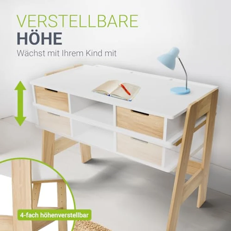 Juskys Kinder Schreibtisch Fietje - höhenverstellbar, 2 Schubladen, robustes Material, kratzfest, viel Stauraum - Kinderschreibtisch aus Holz – Bild 6