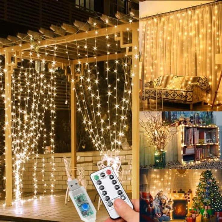 WEARXI Lichterkette, 3×3m Lichtvorhang mit 300 warmweißen LEDs, 8 Lichtmodi, USB-betrieben und dimmbar, IP65 wasserdicht