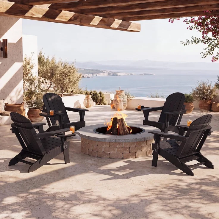 Aoxun Adirondack-Loungesessel mit ausziehbarer Fußstütze & Getränkehalter, 133 x 52 x 90 cm, klappbarer Gartensessel aus HDPE-Kunststoff in Holzoptik, wetterfest für Terrasse, Balkon & Rasen, Schwarz – Bild 3