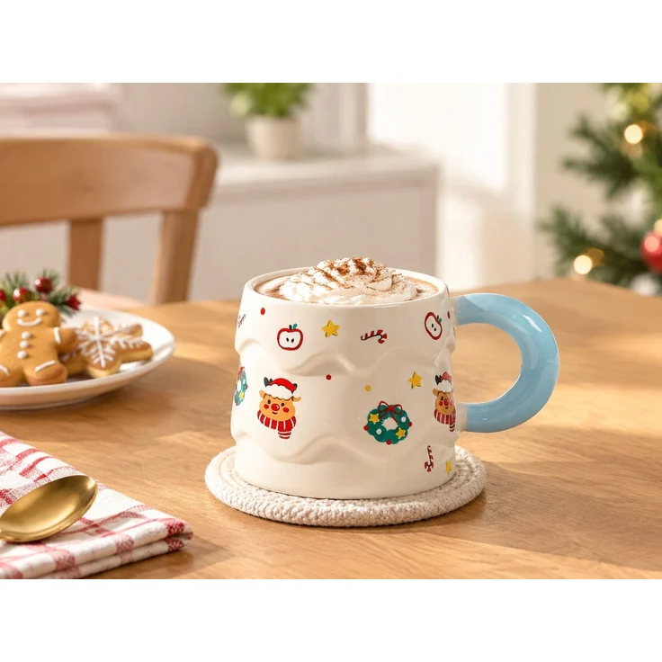 Keramik-Kaffeetasse im Weihnachtsdesign mit Deckel und Löffel Blau 16 x 12 x 14 cm – Bild 2