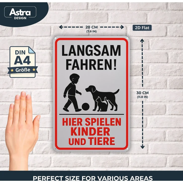 AstraDesign Blechschild 20x30cm - Langsam fahren hier spielen Kinder und Tiere – Metall – Mehrfarbig – AD0315 – Bild 2