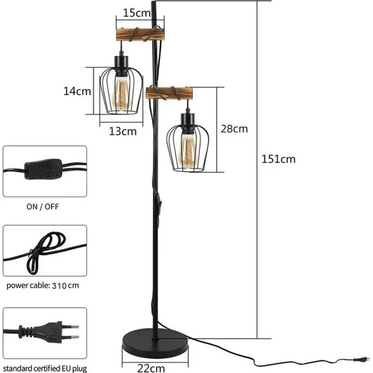 Nettlife Stehlampe Stehleuchte 2 Flammig schwarz Vintage aus Holz 151cm, mit Kippschalter, LED wechselbar, für Wohnzimmer schlafzimmer Esszimmer Büro – Bild 4