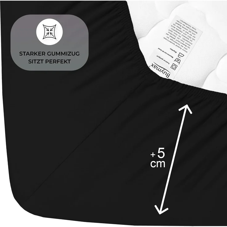 Buymax® Topper Spannbettlaken 160x200 cm Spannbetttuch 100% Baumwolle Jersey für Matratzentopper bis 12 cm Matratzenhöhe Bettlaken für Boxspringbett Topper, Schwarz – Bild 4