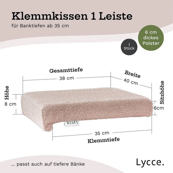 Lycce Bankauflage Bankauflage Klemmkissen 1 Leiste, Boucléstoff powder rosa, (1 St), für Banktiefe ab 35cm, verrutscht nicht, versch. Farben – Bild 4