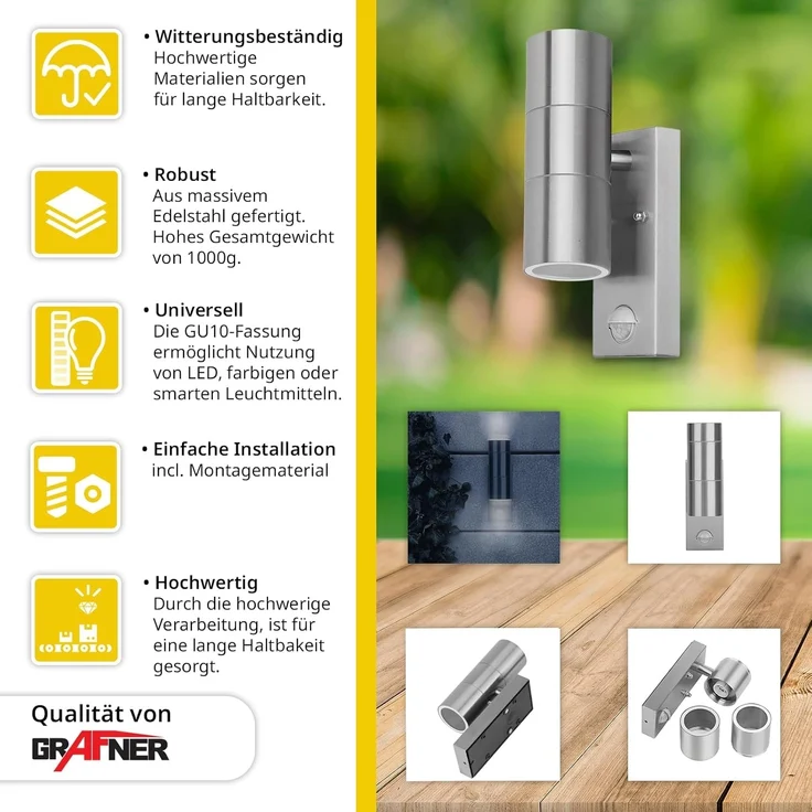 Grafner Außen-Wandleuchte Wandlampe mit Bewegungsmelder Edelstahl Up&Down 26APIR, Bewegungsmelder, ohne Leuchtmittel, Je nach Leuchtmittel – Bild 3