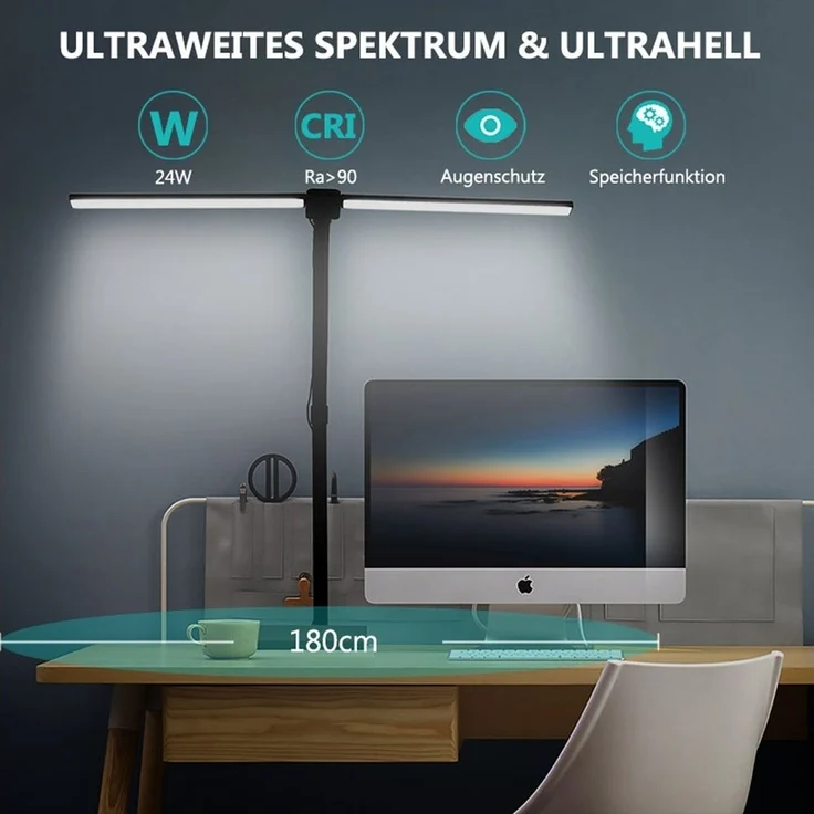 Sunicol LED Schreibtischlampe LED Tischleuchte, 360° Schwenkbare, ein Doppelkopf / Transformierbar, Doppelter Kopf, Warmweiß (3000K), Naturweiß (4500K), Kaltweiß (6000K), 5 Farben 5 Helligkeitsstufen dimmbare – Bild 2