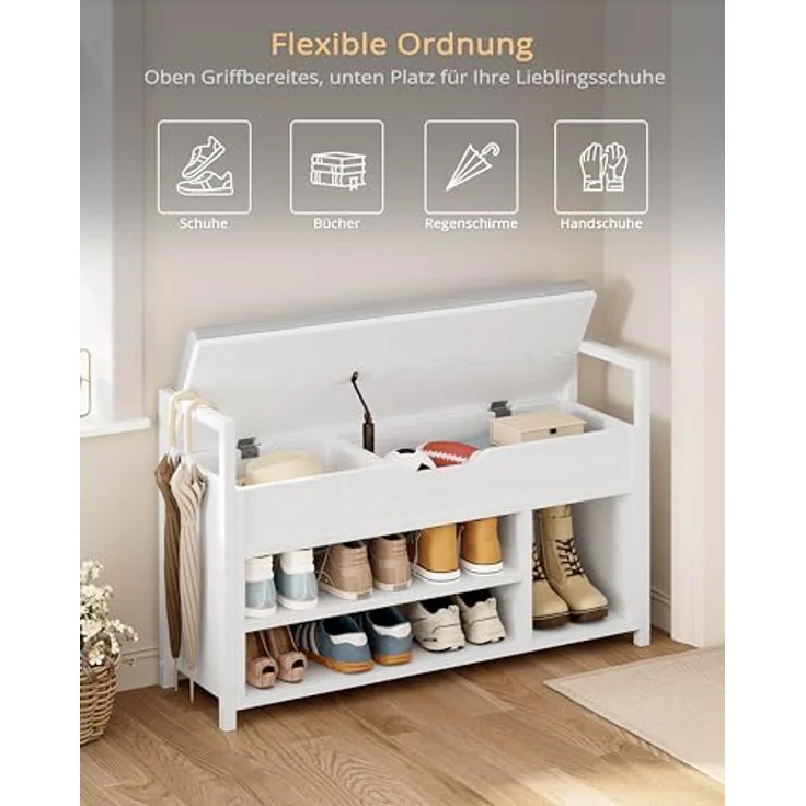 IRONCK Schuhbank mit Sitzfläche, Sitzbank mit Stauraum, Schuhschrank, offene Fächer, Metall Rahmen, Kunstleder, 130kg belastbar, Schuhregal für Eingang,Flur,Wohnzimmer,Schlafzimmer (Weiß) – Bild 4
