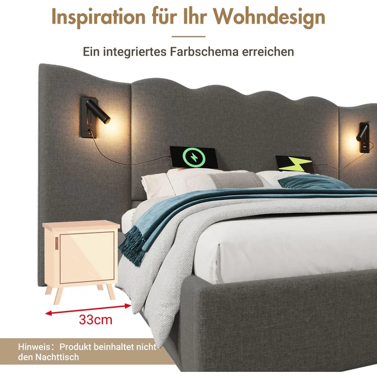 Holzbett 180x200 cm, mit hydraulischem Bettkasten, mit Lattenrost und ohne Matratze, mit Leinenstoffbezug, Grau – Bild 7