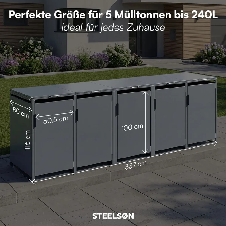 STEELSØN 'Thoria' Mülltonnenbox 5er je 240 Liter, anthrazit, Mülltonnenverkleidung aus Stahl, wetterfest, 116x80x337 cm, Müllbox für 5 Tonnen – Bild 9