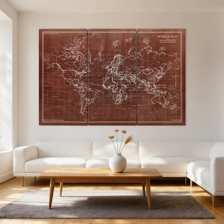 MELAYR, Handgefertigte Triptychon-Leinwandgemälde im Vintage-Stil, Weltkarte, 120 x 60 cm, 60 x 3,5 x 120 cm, Braun – Bild 3