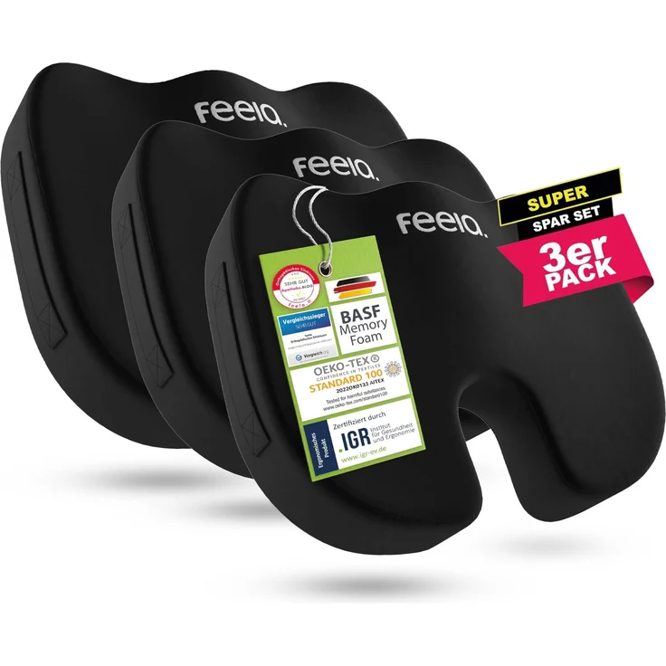 feela.® Orthopädisches Sitzkissen [3 Härtegrade] TESTSIEGER – Ergonomische Sitzkissen für Bürostuhl & Auto – Schmerzlindernd, Steißbein entlastend, Sitzkomfort erhöhend (3er Set, Weich)