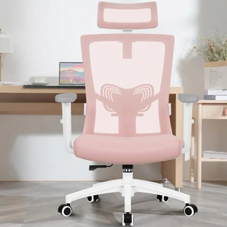 Daccormax Bürostuhl Ergonomisch, mit verstellbarer Kopfstütze, Lendenwirbelstütze & Wippfunktion, Mesh rosa, 70 x 70 x 128 cm – Bild 3