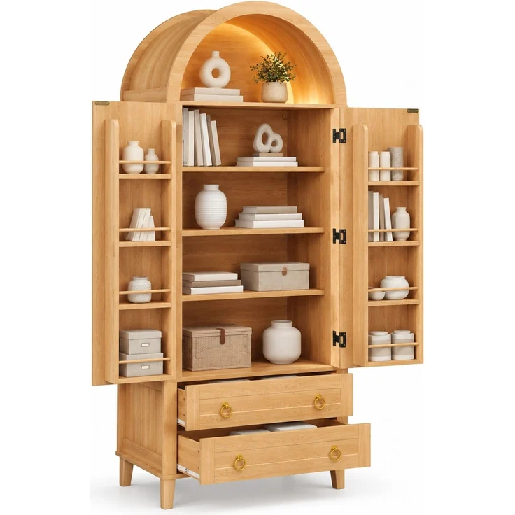Hochschrank 76 x 40 x 179,5 cm in Natur mit Rattan-Dekor und App-gesteuerter LED-Beleuchtung – Bild 6