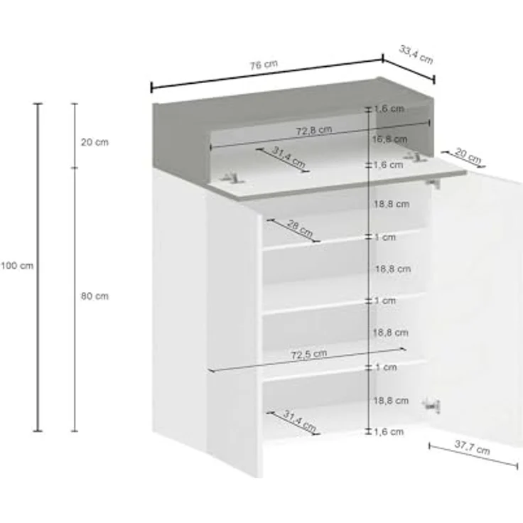 Dmora - Schuhregal Oliviero, platzsparendes schuhregal mit 3 türen, multifunktionale eingangsgarderobe, 76 x 38 x 100 cm, weiß und Eiche – Bild 2