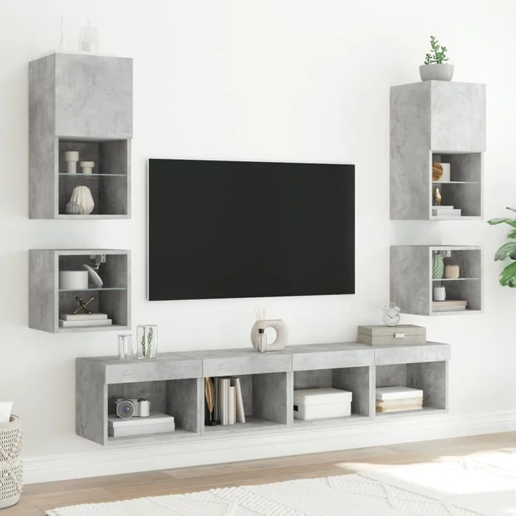 2er-Set Wand-Nachttische, Beistelltische Schlafzimmer mit LED-Leuchten Betongrau – Bild 5