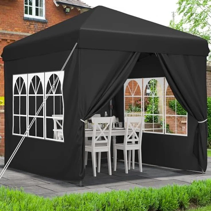 YITAHOME 2,5x2,5 wasserdichte Pavillon Faltpavillon mit Seitenteilen, Höhenverstellbar Faltbarer Pop up Pavillon Perfekt für Outdoor Partys, Camping, Märkte und Festivals, Schwarz – Bild 3