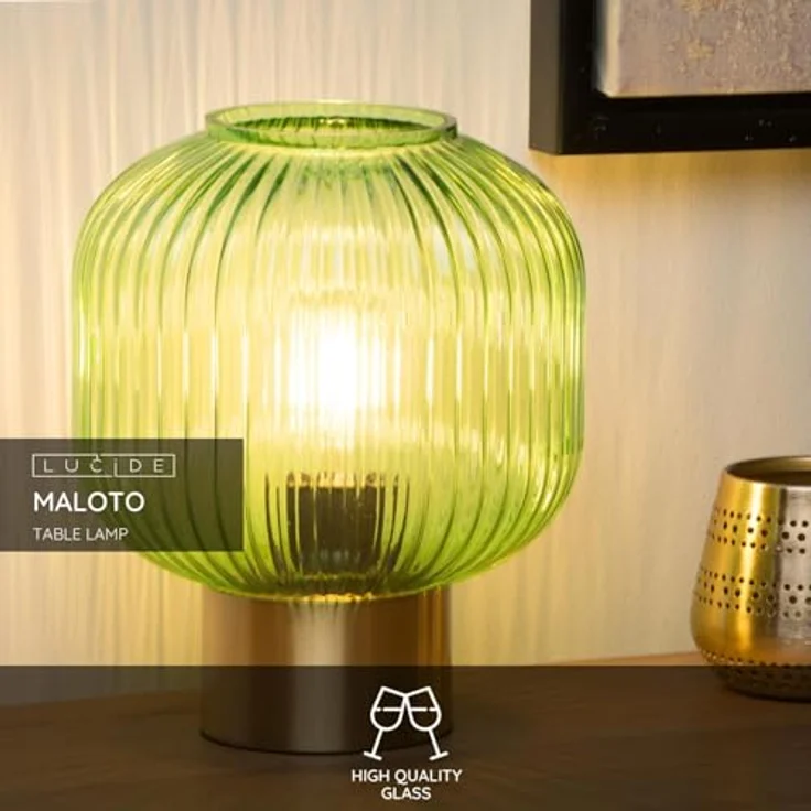 Lucide 45586/20/33, Nachttischlampe aus Glas und Stoff, Gold-matt und Grün, E27 Fassung, 40 W maximal, IP20 – Bild 3