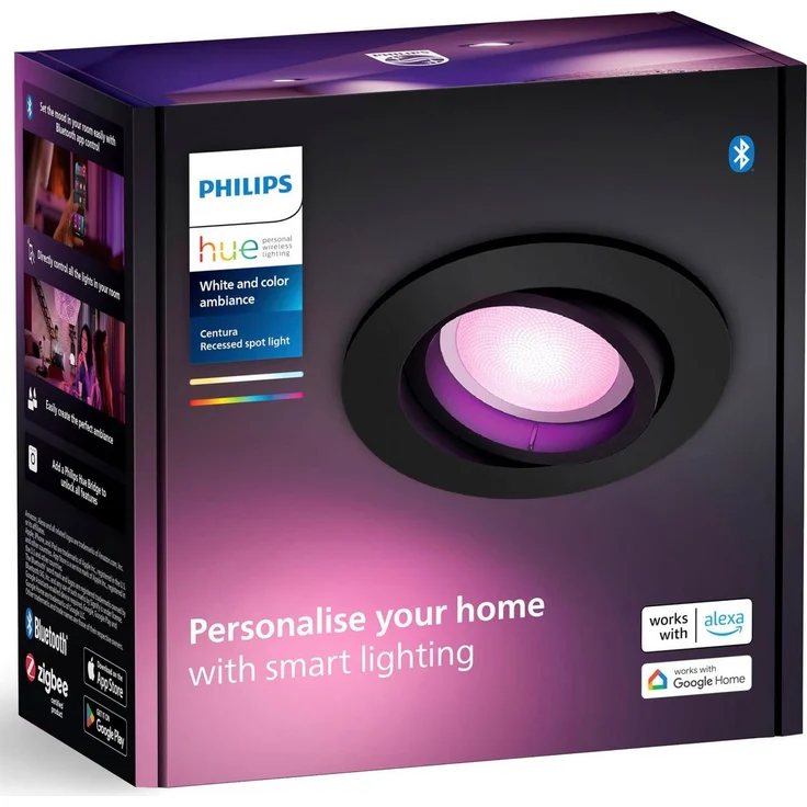 Philips Hue White & Color Ambiance Centura runde Einbauspots 1er Pack (1.050 lm), dimmbare Deckenlampen mit 16 Mio. Farben, smarte Lichtsteuerung über Sprache und App, schwarz, neue Generation – Bild 1