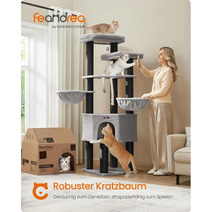 Feandrea Kratzbaum groß, mehrstöckiger Katzenbaum, XXL, 55 x 55 x 186,7 cm, 11 cm d Dicke Sisalstämme, für große Katzen wie Maine-Coon-Katze, Katzenkratzbaum, Taubengrau-tintenschwarz – Bild 2