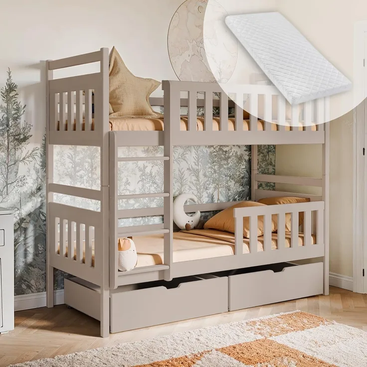 Kids Collective Hochbett 80x180, 90x200 cm mit 2 Schubladen Kinderbett mit Rausfallschutz Lattenrost, umbaubar in 2 Kinderbetten, Kaschmir, 200x90, mit Matratze