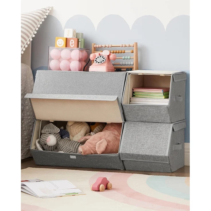 SONGMICS Aufbewahrungsbox mit Deckel, 4er Set Kleiderschrank-Organizer, stapelbar, Faltbox mit Magnetverschluss, Stoffboxen Aufbewahrung, grau – Bild 3