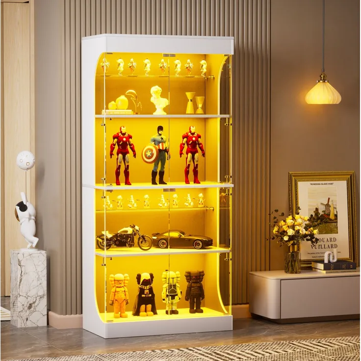 Glasvitrine 80 x 35 x 165 cm in Weiß mit LED-Beleuchtung, Glastüren und USB-Anschluss
