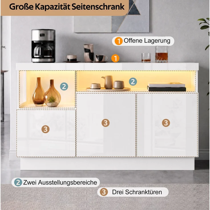 DESVIAE Sideboard mit LED-Beleuchtung und 3 Türen 140x80x36 cm aus PB und MDF Weiß – Bild 4