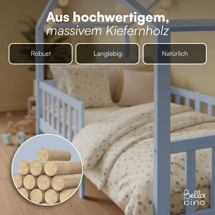 Bellabino 'Bia' Hausbett 90x200 cm mit Matratze, blau, Kiefer Massivholz, Bodenbett in Hausoptik, Montessori Kinderbett mit Rausfallschutz und Lattenrost – Bild 5