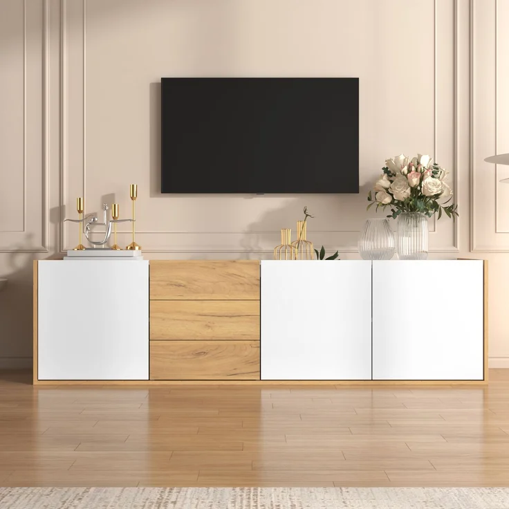 TV-Schrank 171 cm Weiß Holzoptik mit 3 Türen & 3 Schubladen, Lowboard mit verstellbaren Regalen – Bild 3