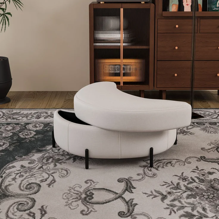 Chenille-bezogener Halbmond- Ablagehocker mit Tablett, dient als Beistelltisch, gepolsterter Sitz, Ankleide- & Schuhhocker sowie Fußstütze für Wohnzimmer, Eingang & Flur, Beige--Beige--86x47.5x43cm--YOUDENOVA – Bild 1
