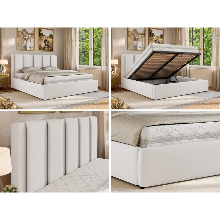 Polsterbett SAVINO CLASSIC mit Bettkasten und Lattenrost Doppelbett 200 x 200 cm mit hohem Kopfteil Stauraumbett Bett mit Gasdruckfeder - Weiß Kunstleder - Pocket Matratze - VIRE LUX – Bild 2