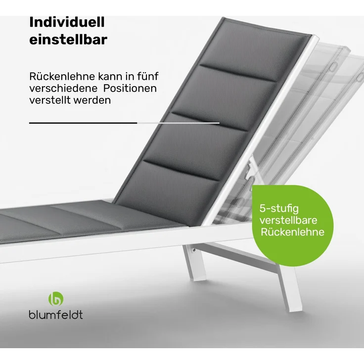 Blumfeldt Renazzo Sonnenliege - Verstellbarer Liegestuhl, Wetterfest & Ultraleicht, 5-Positionen Rückenlehne, Aluminiumrahmen, 120kg Kapazität, ComfortMesh, 195x60cm, Garten & Balkon, Weiß – Bild 7