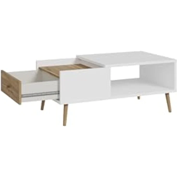 Forte HARLLSON, einfache Montage Dank EasyKlix by Couchtisch Weiß mit Holzdekor: Mauvella Eiche Wohnzimmertisch mit Schublade, Modern Mid Century Stil, 106 cm breit x 45 cm hoch x 60 cm tief – Bild 7
