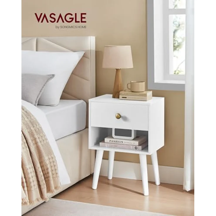 Vasagle Nachttisch, Beistelltisch mit Schublade und offener Ablage, Holzbeine, Couchtisch für Wohnzimmer, Schlafzimmer, Sofa, schneeweiß – Bild 3