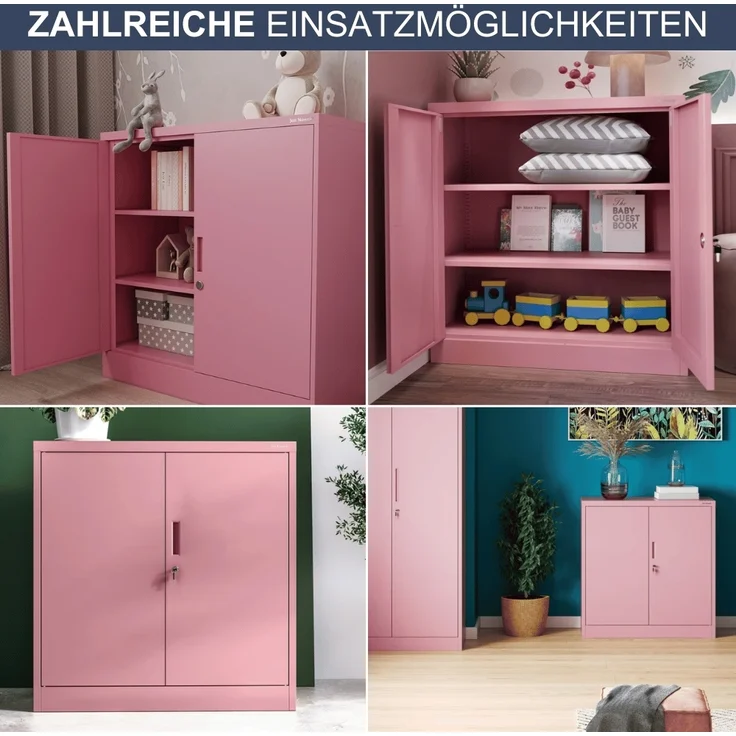 Aktenschrank abschließbar KADO - 3 Ebenen verstellbar, Flügeltüren | Metallschrank Werkstatt Mehrzweckschrank Büroschrank aus Stahl Werkzeugschrank, 93x90x40cm Rosa – Bild 6